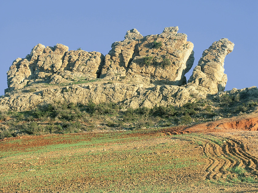 Vertical rock ploughed field Tunisia 
 Vertical rock on far edge of ploughed field, Tunisia 
 Keywords: Rocks, ploughed field, Tunisia