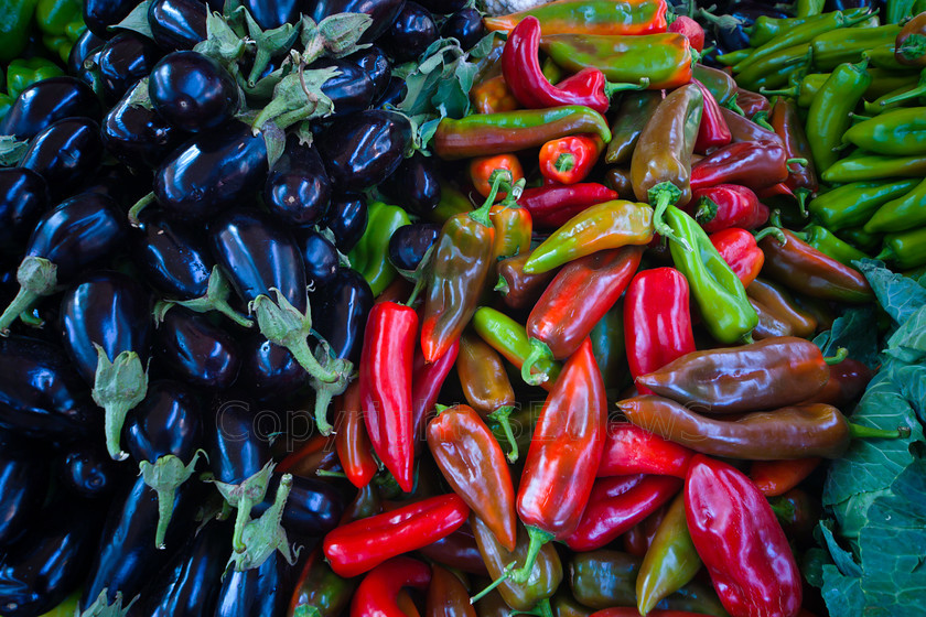 Aubergines red peppers green peppers 
 Aubergines, red peppers, green peppers display in Agadir souk, Morocco 
 Keywords: Aubergines, red peppers, green peppers, vegetables display, Agadir, Souk, Morocco