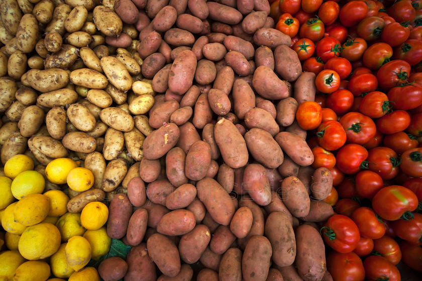 White potatoes red potatoes lemons tomatoes 
 White potatoes, red potatoes, lemons, tomatoes display in Agadir souk, Morocco 
 Keywords: White potatoes, red potatoes, lemons, tomatoes, vegetables display, Agadir, Souk, Morocco